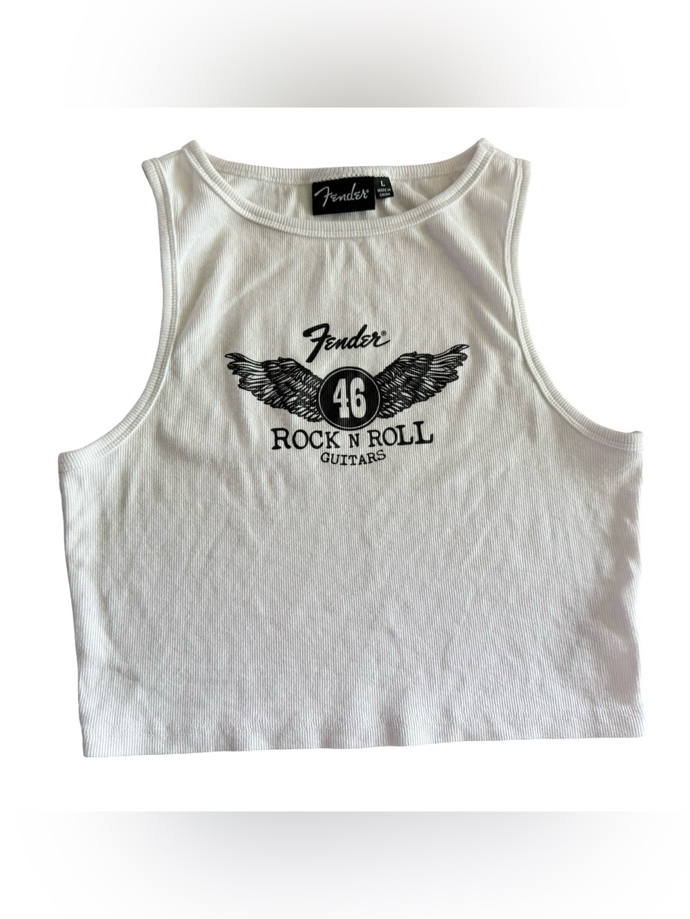 Fender Rock N Roll Guitars Ribbed Crop Tank Top White Graphic Women’s L